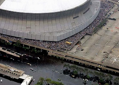 A crowd of Hurricane Katrina survivors await entry to the Superdome